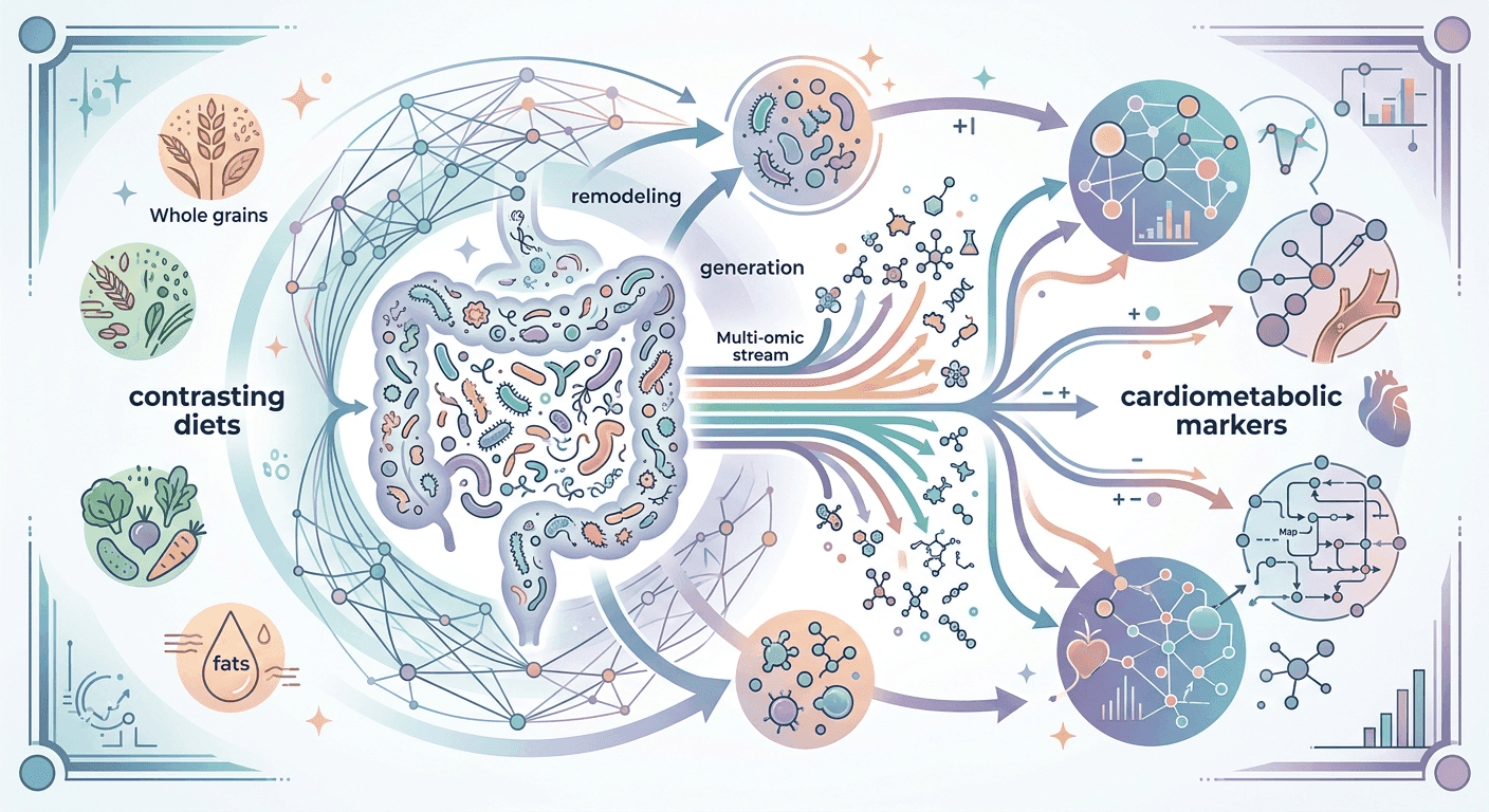 Contrasting dietary patterns remodel gut microbial function and generate multi-omic signatures associated with cardiometabolic markers.